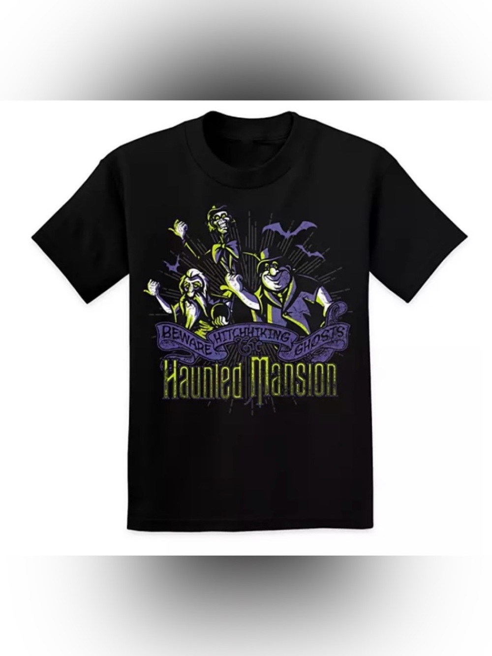 Disney Store Black Haunted Mansion Kids Graphic Tee with Purple & Neon Green Art